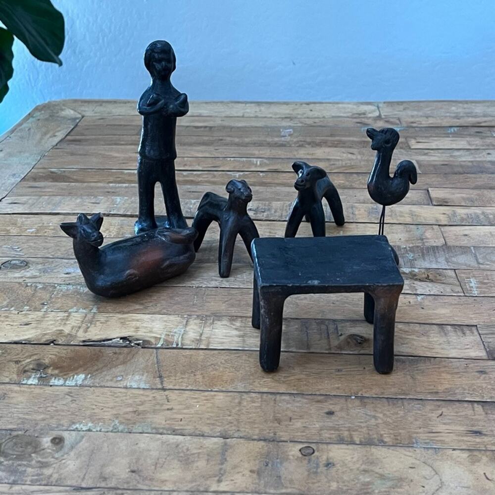Mexican Folk Art Terracotta Clay Black Figurines Set of 6